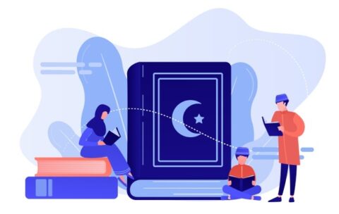 muslim-family-in-traditional-clothes-reading-holy-book-quran-tiny-people-five-pillars-of-islam-islamic-calendar-islamic-culture-concept-pinkish-coral-bluevector-isolated-illustration_335657-1493