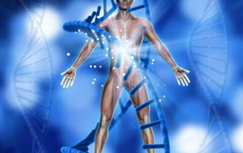 3D medical background with male figure and DNA strands