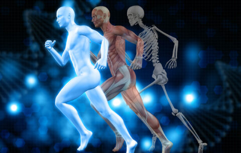 3D medical background with male figure in running pose