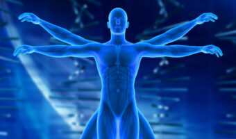 3D medical background with Vitruvian style male figure