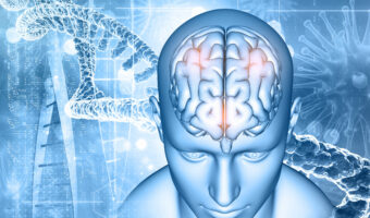 3D medical background with male and brain, DNA strands and virus
