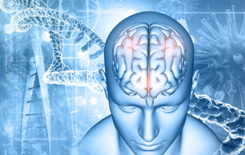 3D medical background with male and brain, DNA strands and virus