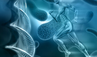 3d male medical figure on abstract DNA virus background